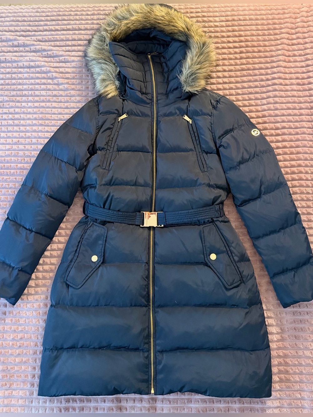 MICHAEL KORS Midnight Blue Faux Fur Hood Belted Puffer Coat